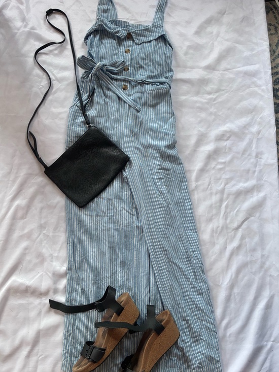 Monteau Pants - Linen Monteau Blue & White Striped Sleeveless Tie-Waist Jumpsuit